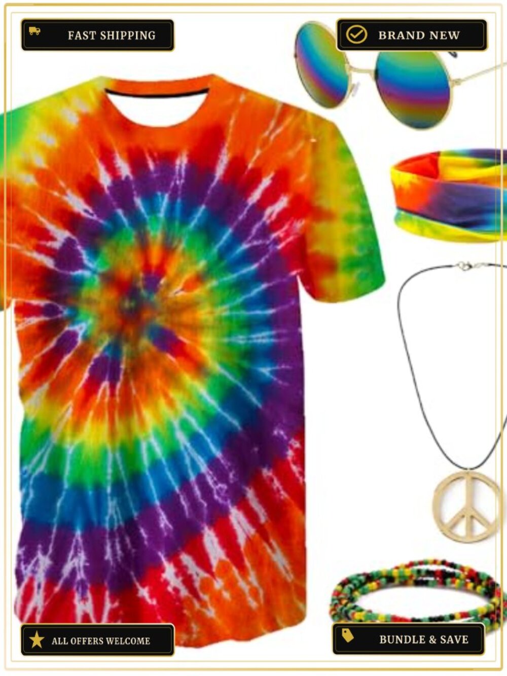Hippie Costume Set 60s 70s Tie-Dye T-Shirt Sunglasses Necklace Adult Unisex